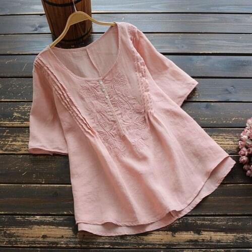 Women Tunic Tops Female Vintage Embroidery Blouse Casual Buttons Asymmetrical Hem Shirts Office Lady Blusas Plus Size