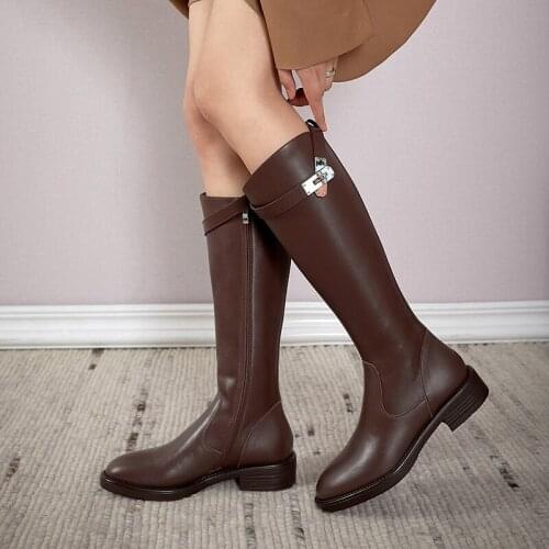 New style Knee-high boots Genuine leather Women boots Motorcycle boots warm Female boots winter Women shoes 100% cowhide