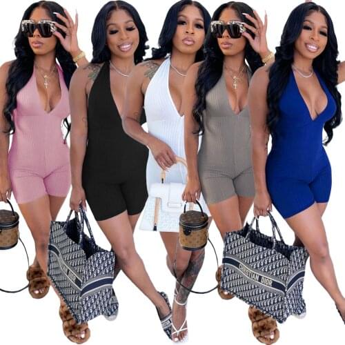 Womens Ribbed Playsuit Sexy Halter Deep V neck Backless Biker Shorts Slim Short Jumpsuit 2021 Summer Casual One Piece Overalls