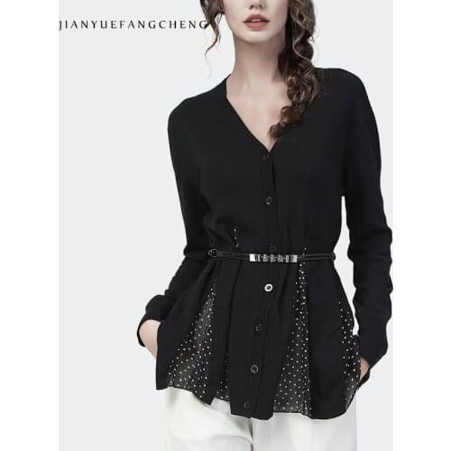 2021 Autumn New Womens Long Sleeve Black Thin Knitted Cardigan V-Neck Splicing Chiffon With Belt Elegant Slim Tunic Sweaters