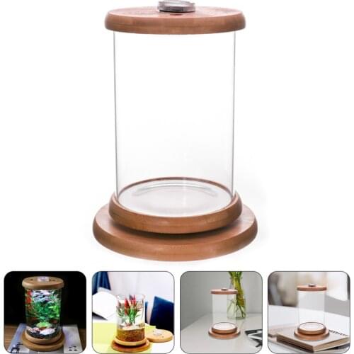 1pc Rotated LED Fish Aquarium Bamboo Base Glass Small Fish Tank Tabletop Decor