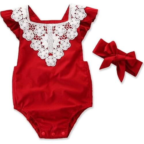 New born Infant Baby Girl Clothes Red Lace Collar Bodysuit with Headband Summer Cotton Backless Bodysuits Outfits 0-24M