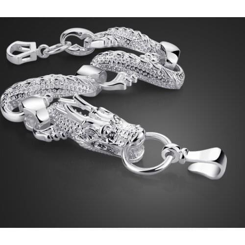 Personality 100% 925 Sterling Silver Mens Dragon Bracelet Curb Cuban Silver Bracelet for Man Cuff Fashion Jewelry Gift