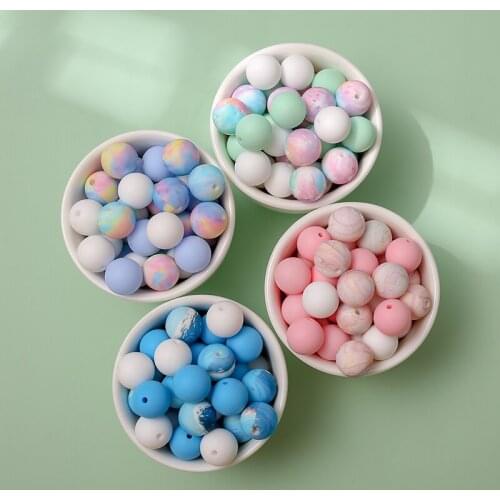 50pcs Silicone Loose Baby Bead 15mm Chewable Food Grade Infant Print Round Ball Baby Teething Bead Rodent Teether