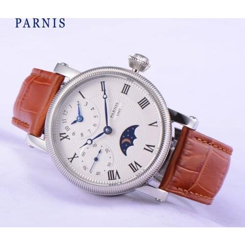 Fashion Parnis 43MM Hand Wind Mens Watch Blue Hands White Dial Brown Strap Moon Phase Mens Mechanical Hand Winding Watches 2020