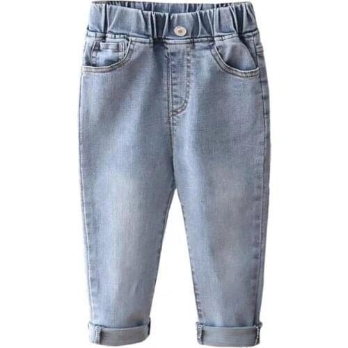 Kids Baby Jeans 2021 New Spring Autumn Boys Girls Elastic Waist Denim Pants Children Solid Color Casual Trousers
