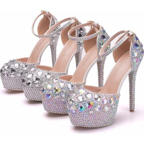 Crystal Queen Rhinestone Crystal Cinderella Women Heels Evening Party Glittering Round Toe Custom Silver Wedding Shoes Sandals