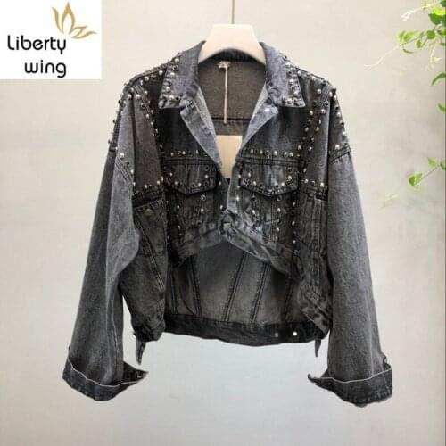 Korean Harajuku Fashion Rivet Jeans Women Loose Fit Asymmetric Length Denim Jacket Ladies High Quality Clothes Short Coat
