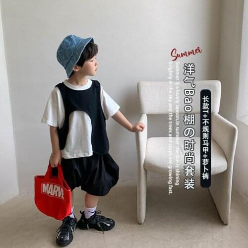 Boys' Summer Suit 2021 New Korean Solid Color Irregular Vest Radish Pants Childrens Personality Three Piece Childrens Suit