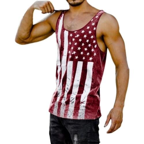 Wholesale Summer Men Bodybuilding USA Star Flag Print Round Neck Sleeveless Tank Top Vest