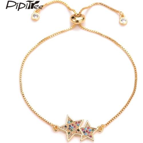 Pipitree Trendy Cubic Zirconia Double Star Bracelets for Women Gold Color Slider Chain Charm Bracelet & Bangle Fashion Jewelry