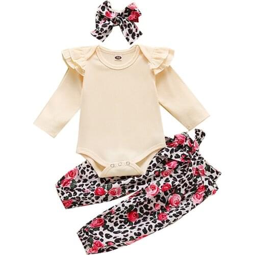 One Persent 2021 Baby Girl Clothes Infant Newborn Pleated Long Sleeve Bodysuits Pant Headband 3PCS Newborn Clothing Set