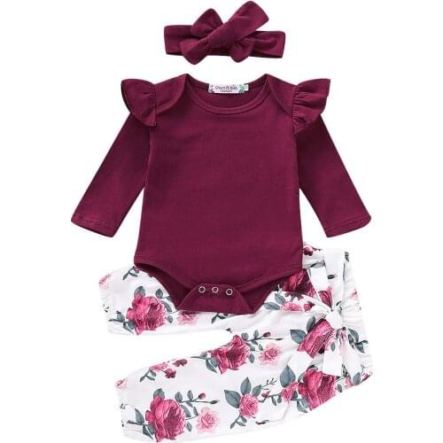 Newborn Baby Girl Clothes Ruffle Long Sleeve Romper T-shirt Top+Floral Pants Leggings+Headband Outfits Set