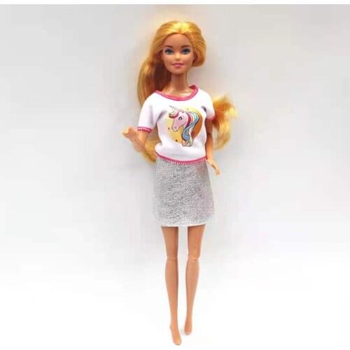 1/6 BJD Clothes White Cartoon Horse Print Shirt Silver Skirt Outfit For Barbie Doll Clothes 11.5" Dollhouse Accessories Kids Toy