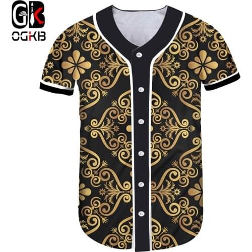 OGKB Plus Size Fashion Golden Flower 3D Print Baseball Shirts Summer Hawaiian Shirt Homme Short Sleeve Luxury Royal Baroque