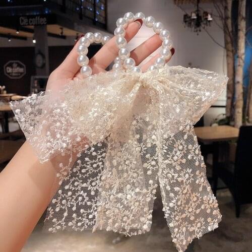 1PC Sweet Lace Bowknot Pearl Ribbon Elastic Hair Rope For Woman Girl Simple Streamer Hair Rings Hair Scrunchies Hair Accessories