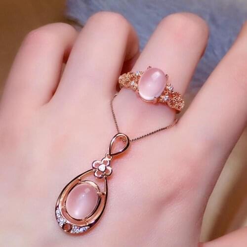 The Best engagement Gift Natural Rose Quartz jewelry set Natural Real Rose Quartz 925 sterling silver 1pc pendant,1pc ring
