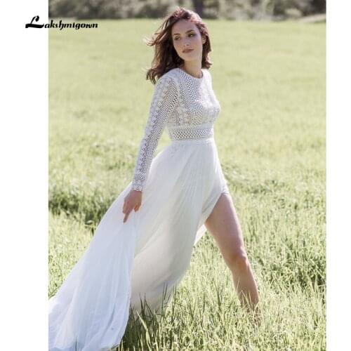 Sexy Side Split Beach Wedding Dress Summer 2021 Long Sleeve Boho Chiffon Wedding Gowns Floor Length Lace Bodice vestido de novia