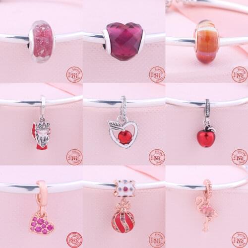 100% 925 Sterling Silver Red Zircon Flamingo Apple Peking Opera Doll Charm Fit Original Pandora Bracelet DIY Beads Women Jewelry