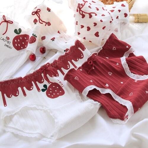 Cotton Panties Female Underpants Sexy Women Underwear Soft Lingerie Lace Up Briefs Japanese Girl Strawberry Heart Printed Panty