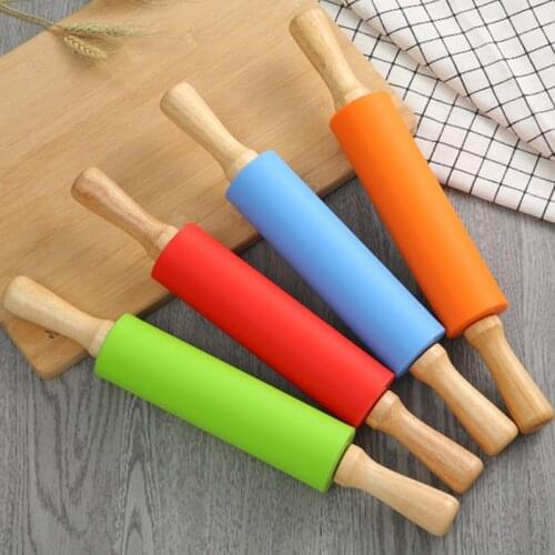 Non-Stick Wooden Handle Silicone Rolling Pin Pastry Dough Roller Pizza Pie Pasta Kitchen Cooking Baking Tools