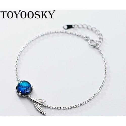 925 Sterling Silver Bracelets Round Blue Crystal Fish Tail Womens Silver Bracelet Best Friend Ladies Fashion Jewelry