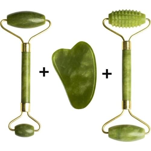 3pcs Relaxation Slimming Neck Thin Lift Facial Massage Roller Guasha Board Double Heads Jade Stone Face Lift Body Free Shipping