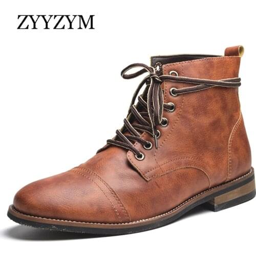 ZYYZYM Men Boots Leather Autumn Winter Lace Up Men Ankle Boots Plush Keep Warm Boots Brithsh Boots for Men Zapatos De Hombre