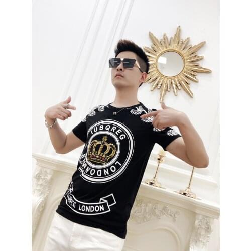 Letter Design High Quality Hot Diamond Hip Hop CrownPattern Mens Summer Short Sleeve Loose Popular Brand T-Shirt