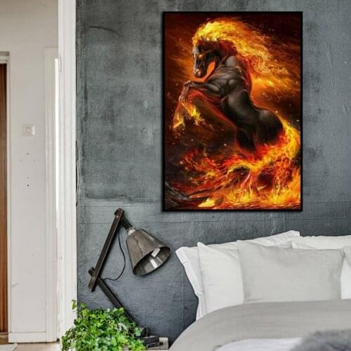 Running Horse Canvas Paintings for Living Room Wall Art Horse with Fire Prints Pictures Abstract Animal Poster Teen Room Decor