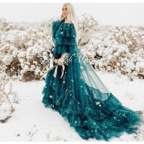 Pretty Ruffles Sleeves Long Tulle Maternity Dress Robe Photo Shoot 2021 Ruffles Tiered Tulle Women Dresses To Party Prom Gowns