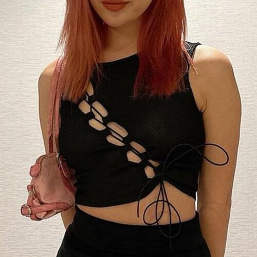 Summer Women Casual Sexy Crop Tops Black Solid Color Round Collar Hollow Out Vest Tank Tops S M L