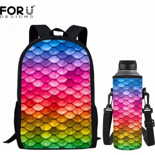 FORUDESIGNS New School Bag Cup Covers Mermaid Gradient Fish Scale Print 2pcs Set Primary Teenager Daily Backpack Mochila Escolar