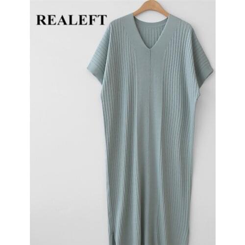REALEFT Summer 2021 New Oversize Knitted Sweater Womens Long Dresses V-Neck Short Sleeve Classic Casual Loose Korean Dresse