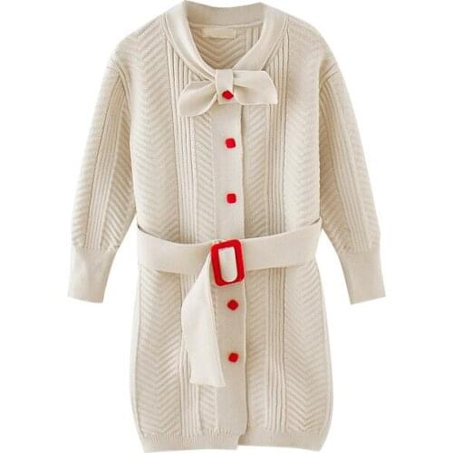 Girls Wool Dress New Winter Dress Medium Large Childrens Foreign Style Cardigan Sweater Belt Long Drsss Kids Clothes 4-12 Ages
