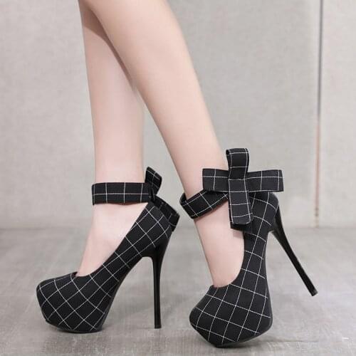 14/12 CM High Heels Stiletto Shoes Women Sexy Platform Heels with Bow Black Pumps Ladies High Heel Shoes Woman for Party Wedding