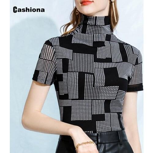 Cashiona Plus Size Women Street hipster Gauze Tops Kpop Style Turtleneck Shirt Clothing 2021 Summer New Patchwork T-shirt