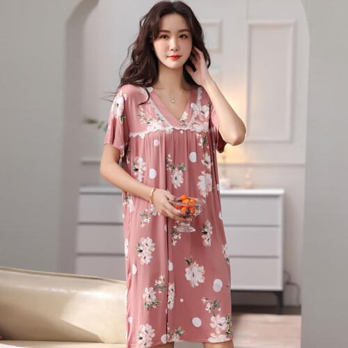 Summer 100% Modal O-neck Women Short Sleeved Sleepwear Print Nightgowns Nightwear Nightdress Sleepwear Nightgown Sleepshirts 3XL