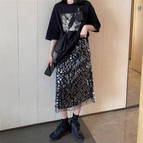 Women Skirt Summer Sping Autumn High Waist Midi Skirt Party Club Sequined Skirt Black Streetwear mujer faldas 2020