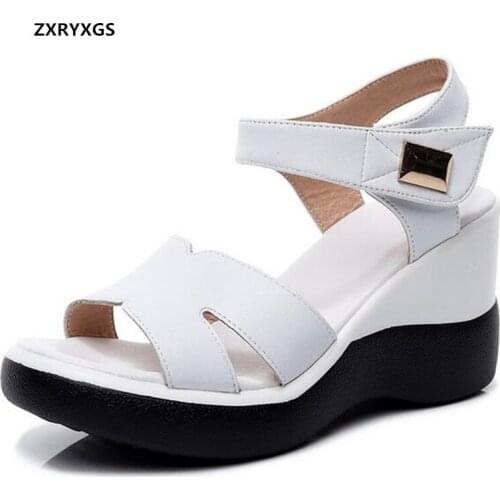 2021 Summer Open Toe Genuine Leather Sandals Platform Wedges Sandals Heighten Shoes Size 33-43 Women Sandal Shoes Black White