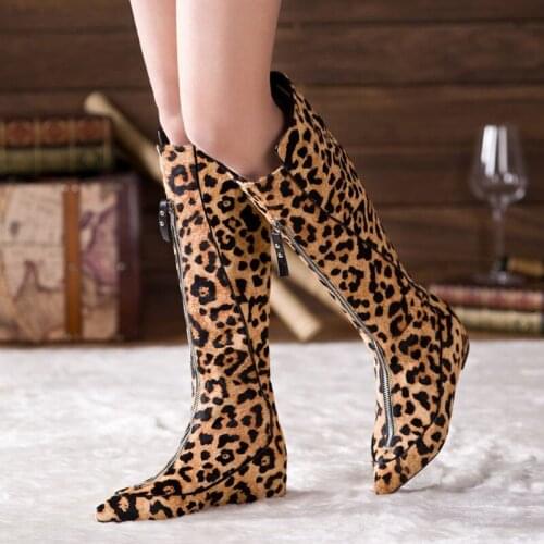 Designer Leopard Horsehair Knee High Boots Women Front Zip Height Increasing Roman Style Knight Booties Pointed toe Winter Boots