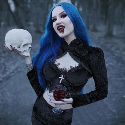 Vintage Gothic Velour Women Cropped Tops Autumn Floral Scratched Long Sleeve Pullovers Grunge Female Shawl Alt Clothes