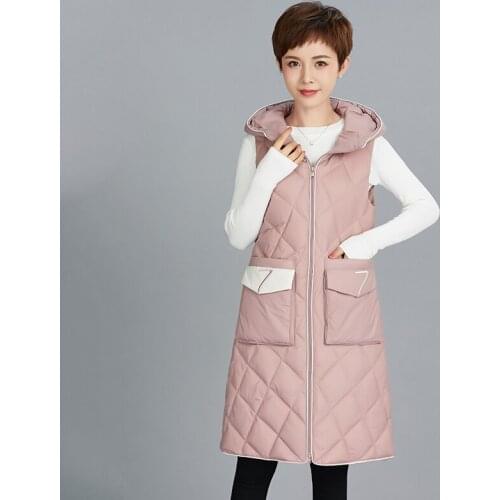 Women Elegant Winter Vest Cotton Padded Long Hooded Jacket M-2XL Female Veats Stand Collar Sleeveless Warm Windproof Waistcoat