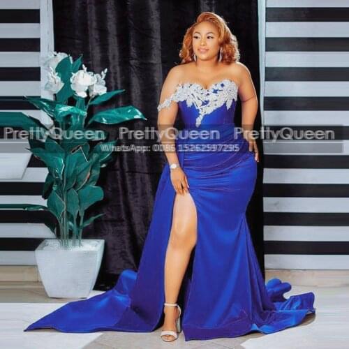 High Split Mermaid Prom Dresses Chic White Appliques Streamer Royal Blue Satin Plus Size Women Long Train Pageant Dress Party