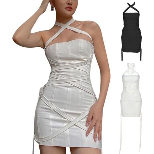 2021 NEW fashion Women’s Sexy Halter Short Dress Fashion Solid Color High Waist Pleated Slim Fit Dress