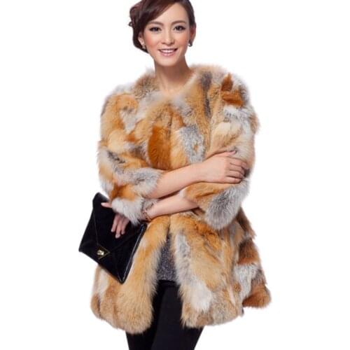 Real natural genuine womens fashion fox fur coat ladies sexy medium-long fur jacket outwear can be customed any size