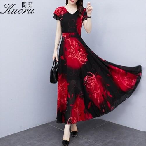 Women Chiffon Summer Dress Green Casual Robe Floral V Neck Short Sleeve Size M-4XL Red Plage Maxi Vetement Femme 2021 Vestidos