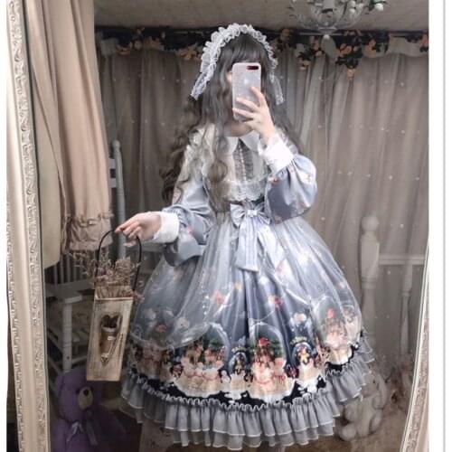 Lolita Japan Gothic Party Dress Soft Sisiter Bow Lace Blue Dress Women Princess Dress Halloween Costume For Girls Vintage