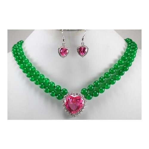 2Row 8MM Green Jade necklace heart Pendant Drop earring Jade Jewelry set