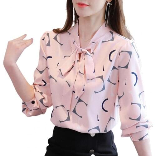 2021 Spring Plus Size Women Digital Print Long Sleeve Fashion Blouse Single-breasted Top Buttons Cuff Necktie Bowknot Pullover